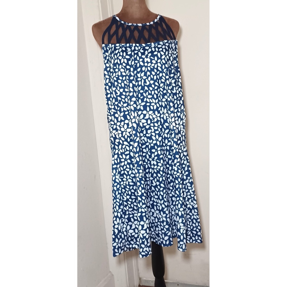 Blue White Floral Lattice Neck Keyhole Back Midi Dress XXL Coastal Cottagecore